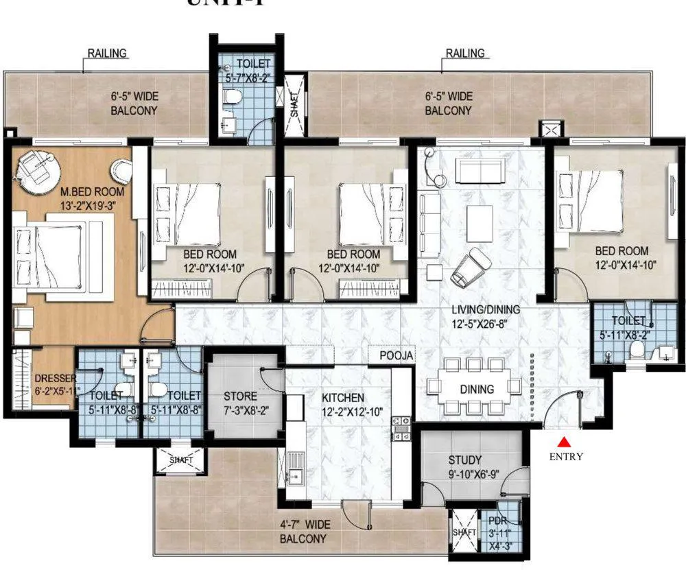 4 BHK + Study + 5T Floor Plan