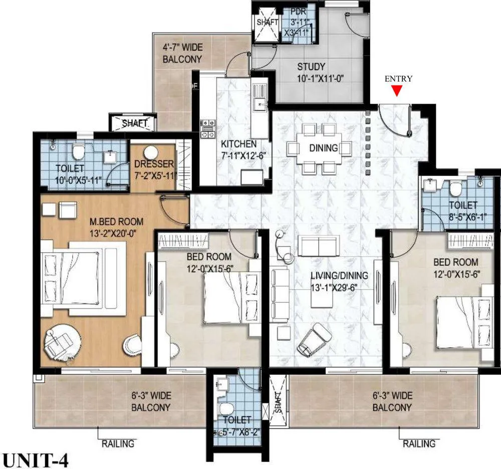 3 BHK + Study + 4T (Type B) Floor Plan